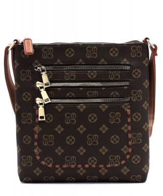 Monogrammed Whipstitch Multi Zip Pocket Crossbody Bag CS2744 BROWNTAN